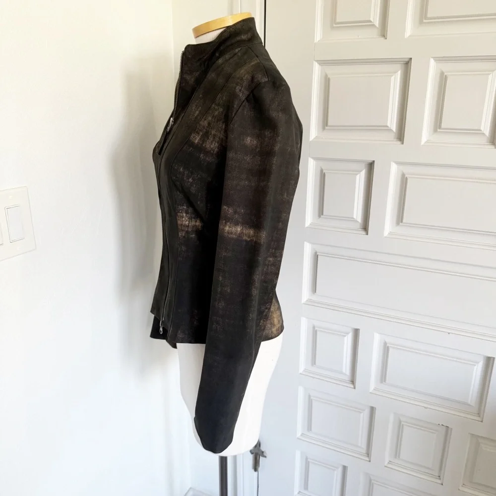 Cigno Nero Black Leather Jacket Fitted Coat Metallic Gold Size 40